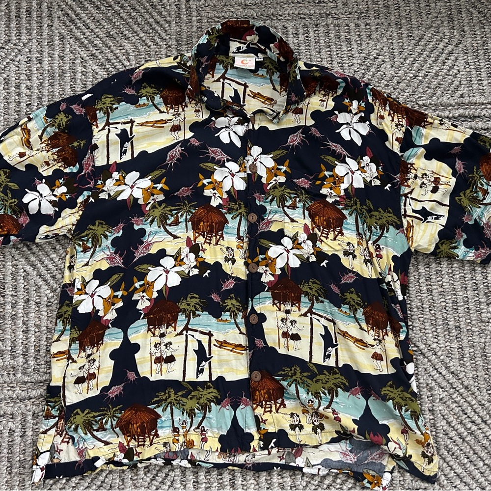 Vintage Pineapple Moon Hula Lua Island Mens Hawaiian Shirt XXL 2XL Palm Trees